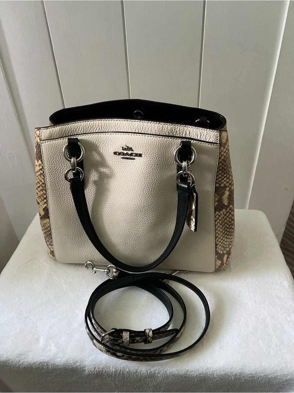 Coach Cream Pebble Leather Satchel with Black Handles and Snake-Print Trim
